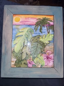 Shortiez Tusche handgezeichnet Öl Pastell gerahmt Strand Dekor 11 x 14 Holz Glas - Bild 1 von 3