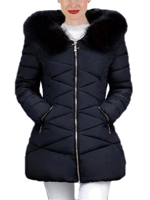 Chaqueta acolchada acolchada con capucha recortada de piel sintética desmontable - F195 ☀☀ Foto 1 de 4