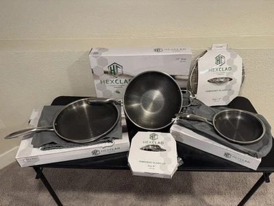 5 Piece NEW HexClad 8”/12” Hybrid Non-Stick Frying Pans And Wok with Lids - Image 1 of 4
