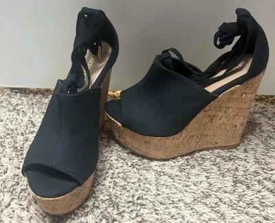 Tacones de cuña de lino negro talla 7 Foto 1 de 4