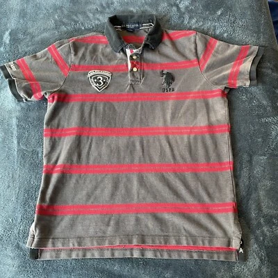 Polo Assn Vintage Para hombres Gris/Rojo Rayas Manga Corta Cuello Polo Grande Foto 1 de 4