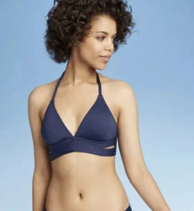 Kona Sol Women size D/DD Faux Wrap Halter Bikini Top ONLY Oxford Blue - Picture 1 of 6