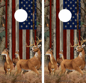 Cornhole Wraps - American Flag with Buck and Does - Oak Tree Camo 2 pack #12