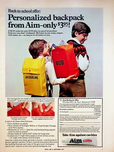 Bolso mochila personalizado 1977 Aim Fluoride pasta de dientes anuncio impreso vintage St. Paul - Imagen 1 de 1