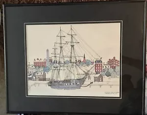 Stampa artistica vintage Helen McDermott 1975 USS Constitution vecchia Ironsides incorniciata - Foto 1 di 11
