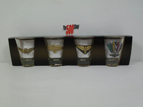 IMS Vintage Logo Shot Glass 4 Beveled Shot Glass Set Indianapolis 500 Brickyard Cover