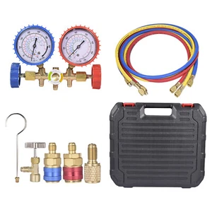 AC Manifold Gauge Set A/C Refrigeration 3 Way Hose Fit For R502 R134a R12 R22 - Picture 1 of 9