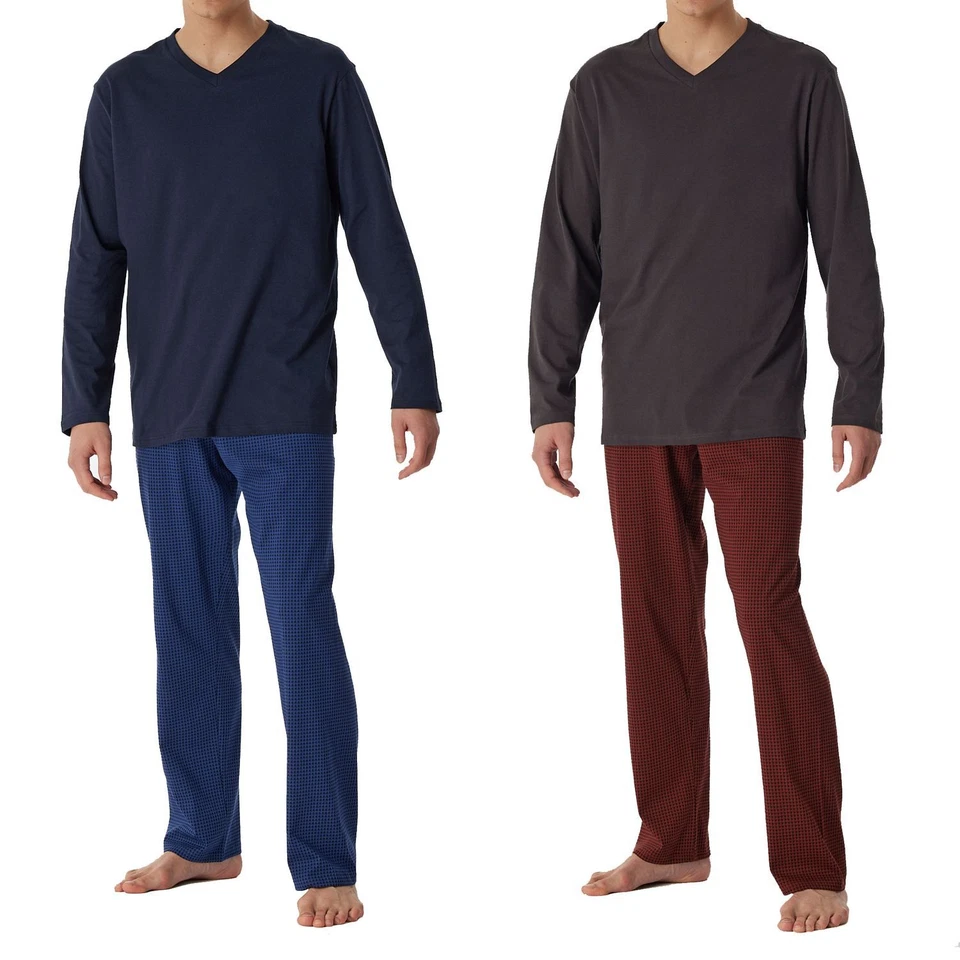 SCHIESSER Herren Männer Pyjama Schlafanzug lang V-Ausschnitt Baumwolle Muster  - Bild 1 von 1