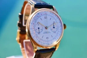 JUMBO Nr NOS VINTAGE 18K SOLID GOLD CHRONOGRAPH SUISSE WATCH STUNNING WHITE DIAL - Picture 1 of 15