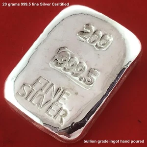 Silver Ingot Bar 20 grams Fine 999.5 Certified Bullion Grade Hand Poured - Picture 1 of 3
