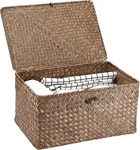 Wicker Shelf Baskets Bin with Lid, Handwoven Seagrass Basket Storage Bins - Picture 1 of 6