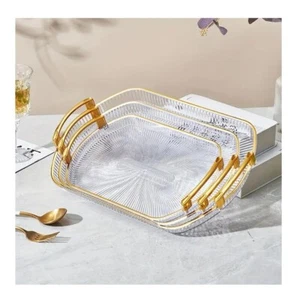 Set of 3 Elegant Rectangle Plastic Serving Trays with Golden Rim Border - Picture 1 of 7