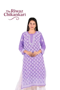 Light Purple Georgette Chikankari Kurti for Women | Handcrafted Lucknowi Kurta - Picture 1 of 6