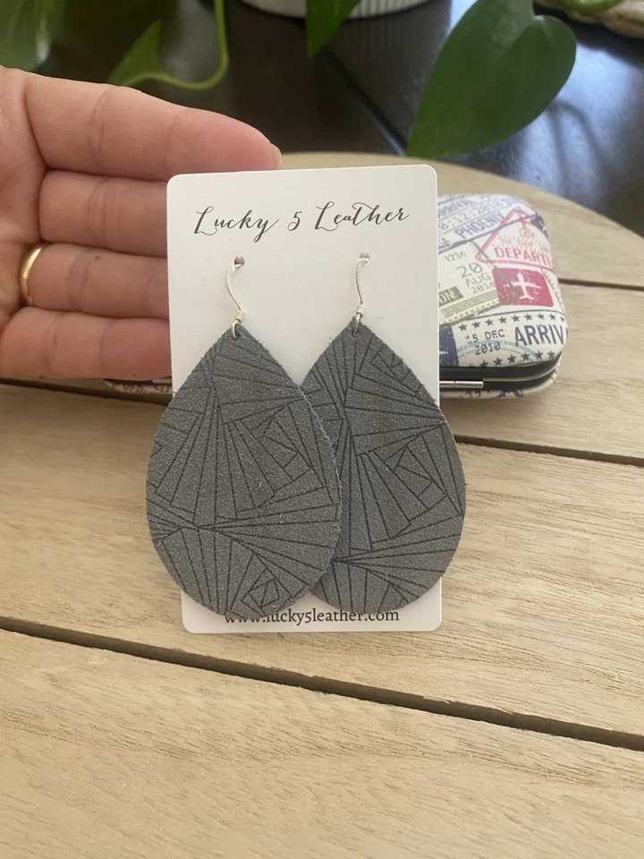 Grey Suede Geo Print Teardrop Shaped Genuine Leather Handmade Earrings New - Image 1 of 1