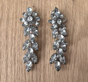 Orecchini Vintage Weiss Tono Argento Strass Chiari Pendenti Goccia Fiore Art Decò - Foto 1 di 9