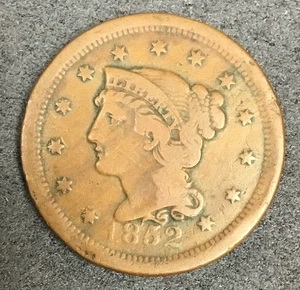 1852 Large Cent 1C - US Copper Coin #3 - Rim Ding - Slight Rev Rotation - Picture 1 of 6