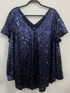Roamans All Over Navy Sequined Short Sleeve V Neck Top Womens Size 22W - Picture 1 of 8
