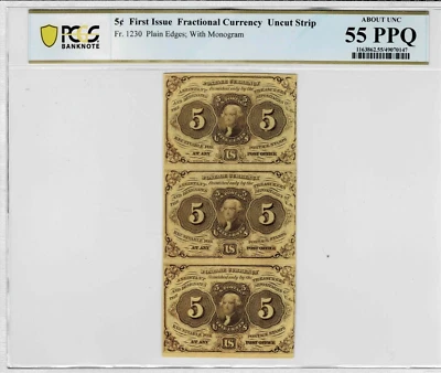 .5 CENT Fractional Currency-UNCUT Strip of 3--fr.1230--PCGS 55 PPQ - Image 1 of 4