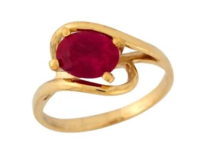 10k or 14k Yellow Gold Oval Cut Simulated Ruby Solitaire Bypass Band Ladies Ring - Picture 1 of 4