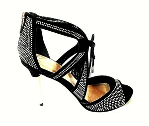 Guess Bette Black Gold Pin Dot Tie Front Sandals Heels Shoes Women's 7 M (SW3)pm - Picture 1 of 11
