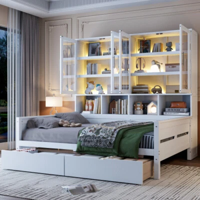 Twin Full Size Daybed With Storage Cabinets Bookcase Drawers LED Sofa Bed Frames - Image 1 of 4