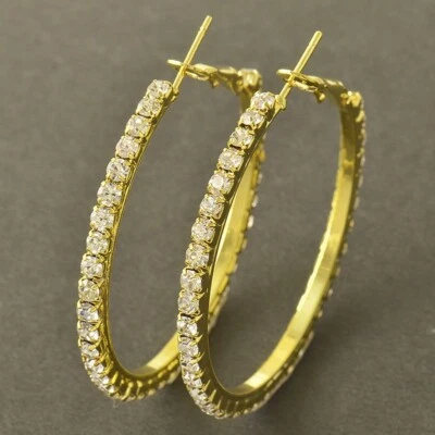 Довольно новый желтое золото покрытием прозрачный кристалл CZ большой 1,75» круглый серьги-кольца - Изображение 1 из 4