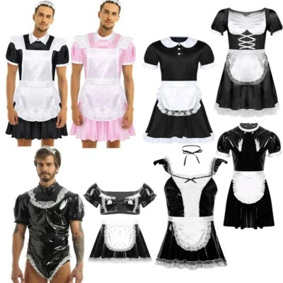 Para Hombres Sissy Uniforme de Criada Francesa Disfraz Vestido Elegante Delantal Diadema Conjunto Foto 1 de 3