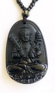 VAJRAPANI WARIER NATURAL CARVED BLACK OBSIDIAN PROTECT AMULET PENDANT NECKLACE - Picture 1 of 6