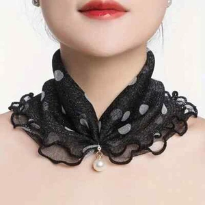 Ruffles Pearl Pendant Scarf Elegant Floral Print Infinity Scarf White Polka Dots - Picture 1 of 2