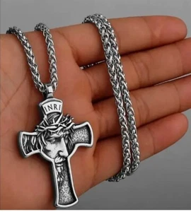 Mens Stainless Steel Jesus Christ Face Crucifix Cross Pendant Necklace - Picture 1 of 12