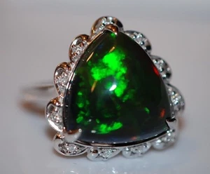 NWT 8.24 Carat Black Opal surrounded by Diamonds Ring in 14 White Gold Size 7 - Picture 1 of 12