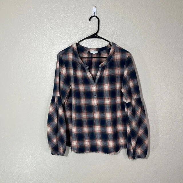 Catálogo Sundance Top Mujer Franela Mediana Azul Naranja Cuadros BOHO Dobladillo Crudo Foto 1 de 4