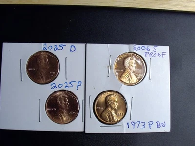 2025 P & D LINCOLN CENT BU + 1 2006 S PROOF + 1 - 1  1973 P CENT  4 COINS - Image 1 of 3