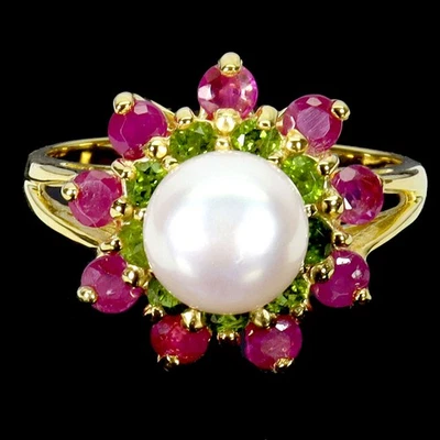 925 Sterling Silver Ring Round Ruby Chrome Diopside Pearl Gemstone Jewelry Sz 8 - Image 1 of 4