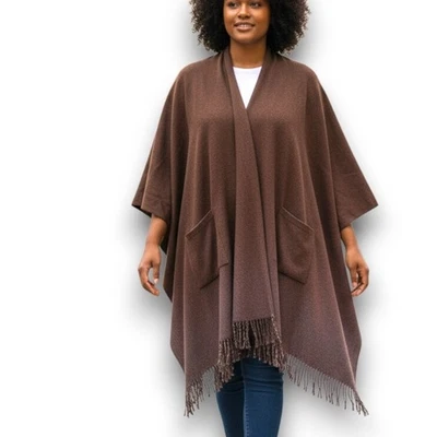 Woman Within Brown Open Front Fringe Hem Poncho Cape Pockets Oversized Cabincore - Image 1 of 4