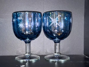 Vintage Bartlett Collins Etched Atomic Starburst Blue Thumbprint Goblet x2 - Picture 1 of 2