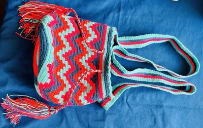 Colombian Wayuu Mochila crossbody bucket bag. Multicolored handwoven Small Boho  - Image 1 of 3
