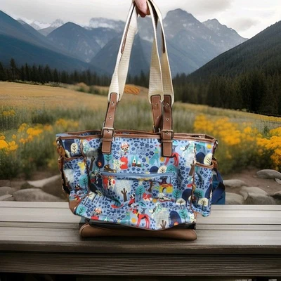 Lily Bloom Who Let The Dogs Out Shoulder Bag Tote Purse Multi Pocket Blue - Image 1 of 4