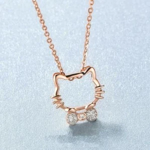Hello Kitty Rose Gold Cat Kitten Pave Cubic Zirconia Pendant Chain Necklace - Picture 1 of 3