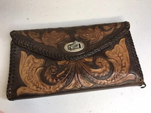 Vintage Hand Tooled Leather Wallet Embossed Floral Design Kiss lock 7.5x4 inches - Picture 1 of 11