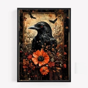 Hexenbild Gothic Druck Halloween Bild A4 UNRAHMEN Rabe Krähe 1 Hexerei - Bild 1 von 1