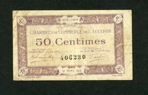 FRANCE L`AVEYRON 50 CENTIMES 1915 CHAMBRE DE COMMERCE VF. - Picture 1 of 2