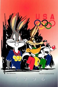 Carte postale Looney Tunes personnages insectes lapin tweety oiseaux Jeux olympiques 1996 non postée - Photo 1/2