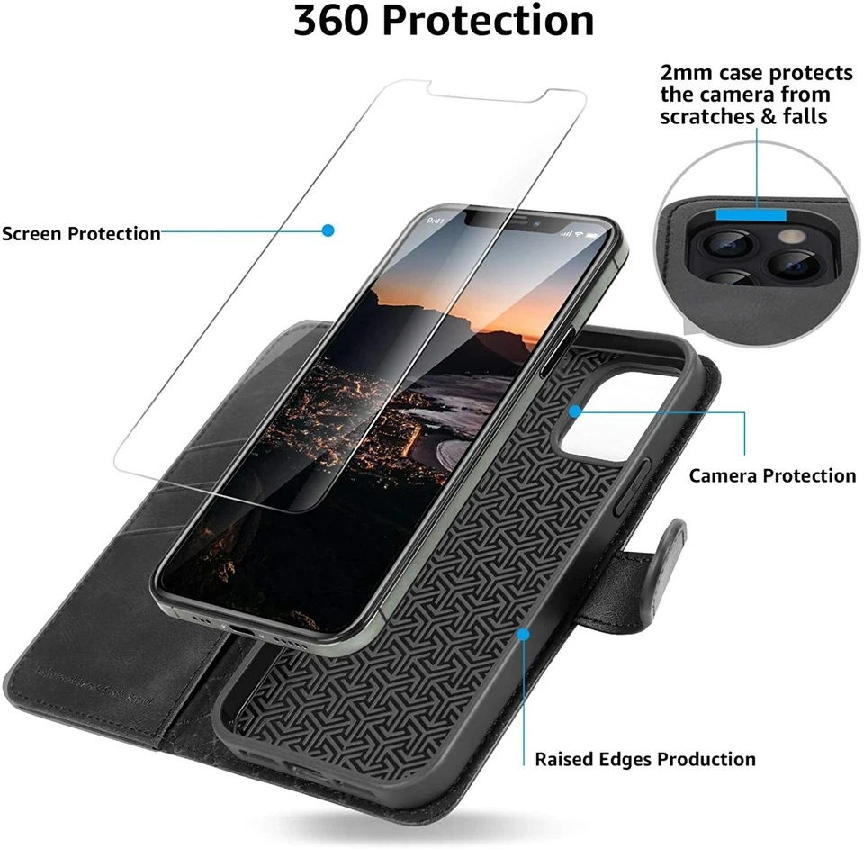 iPhone 12 Pro PU Leather Wallet Case Cover with Card Slot Magnetic + 2 Screen  - Image 1 of 4