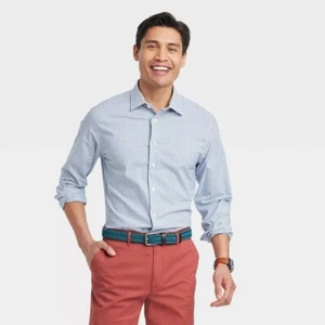 Mens White And Blue Performance Dress Standard Fit Long Sleeve Button-Down Shirt - Picture 1 of 2