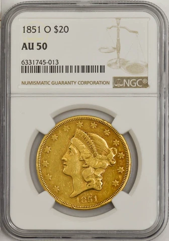 1851-O $20 Gold Liberty AU50 NGC 946159-6 Cover