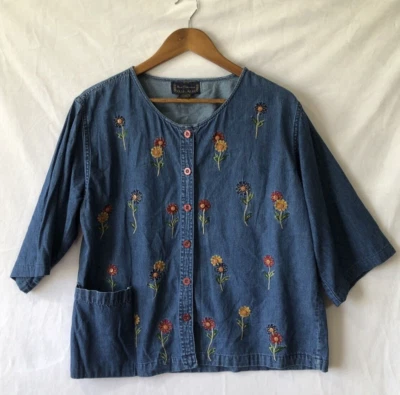 New Directions Denim Floral Embroidered Button Front Top XL Cottagecore Granny - Image 1 of 4