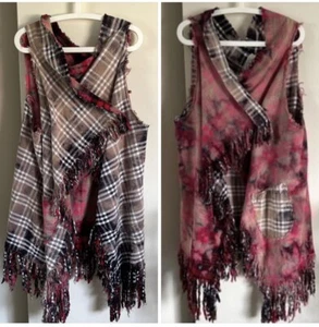 A Rare Bird 1 Size Sleeveless Duster Vest Bleached Flannel Rag Fringe Reversible - Picture 1 of 24