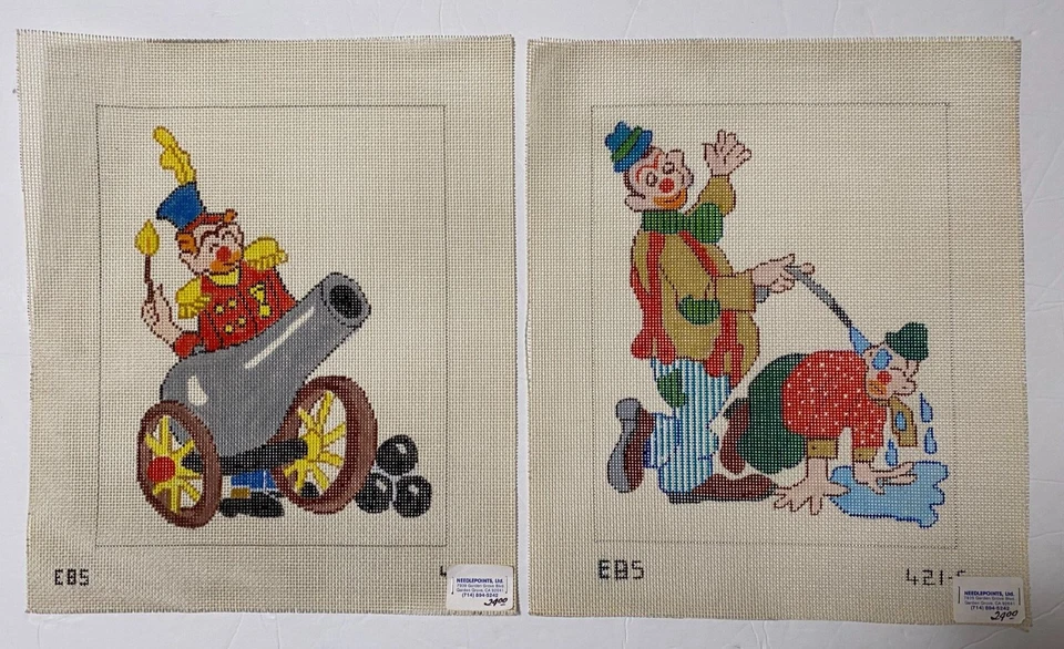 Lot of 2 Creepy Clown Hand-Painted Needlepoint Canvas by EBS About 8" x 10"  - Image 1 of 4