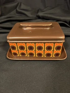 Mid Century Arthur Holz braun orange gemustert große Käse Butterdose mit Deckel - Bild 1 von 12